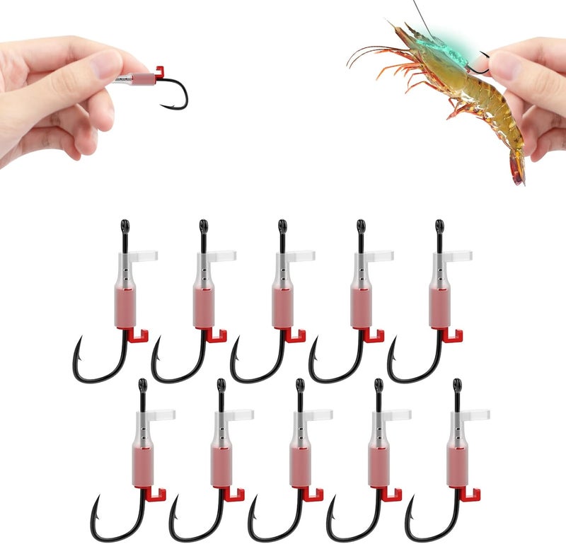 OIEKUN 10 Pcs Luminous Live Shrimp Hooks,Holes with Night Light Fishing Hooks High Carbon Steel Barbed with Barbed,Saltwater Corrosion-Resistant for Freshwater & Saltwater Fishing - Image 1